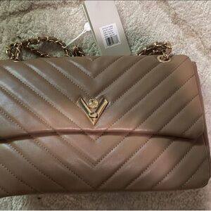 Valentino Tan Quilted Shoulder Bag with Gold Accents